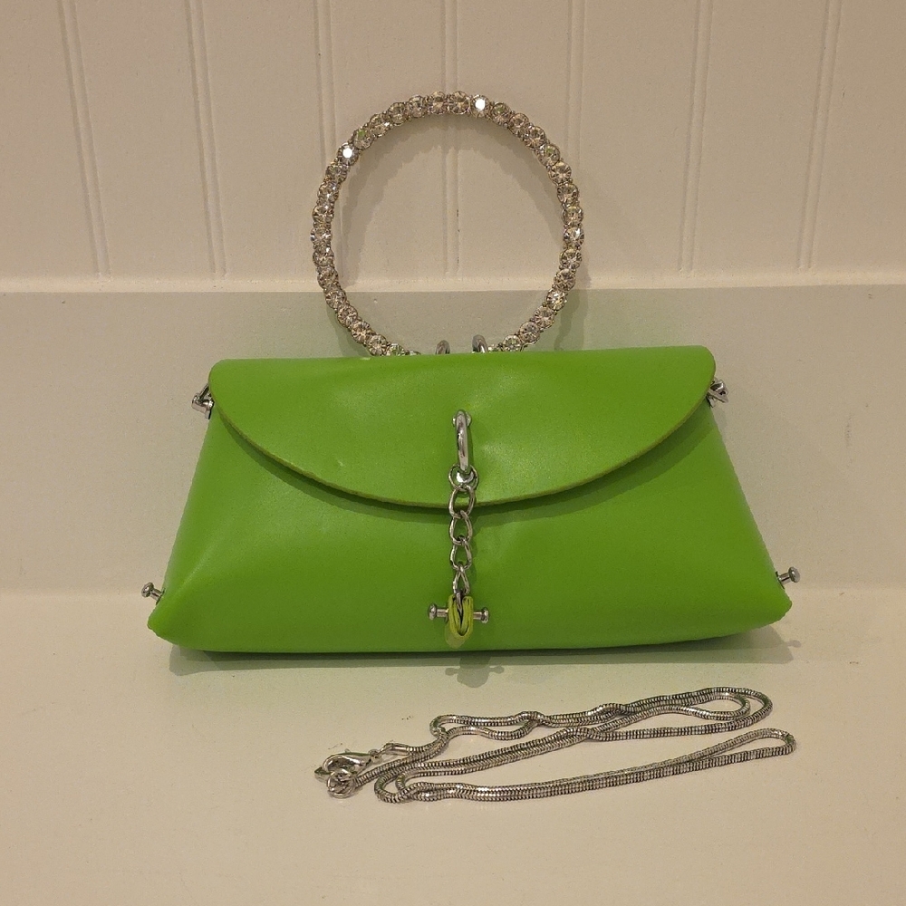 Lime Green Clutch with Rhinestone Handle - Picture 3 of 8
